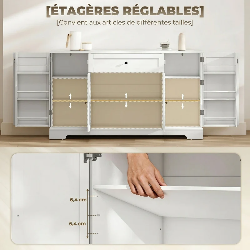 Buffet de rangement 140 x 40 x 80 cm tiroir spacieux et étagères réglables style contemporain épuré salon en MDF blanc 21_0003403