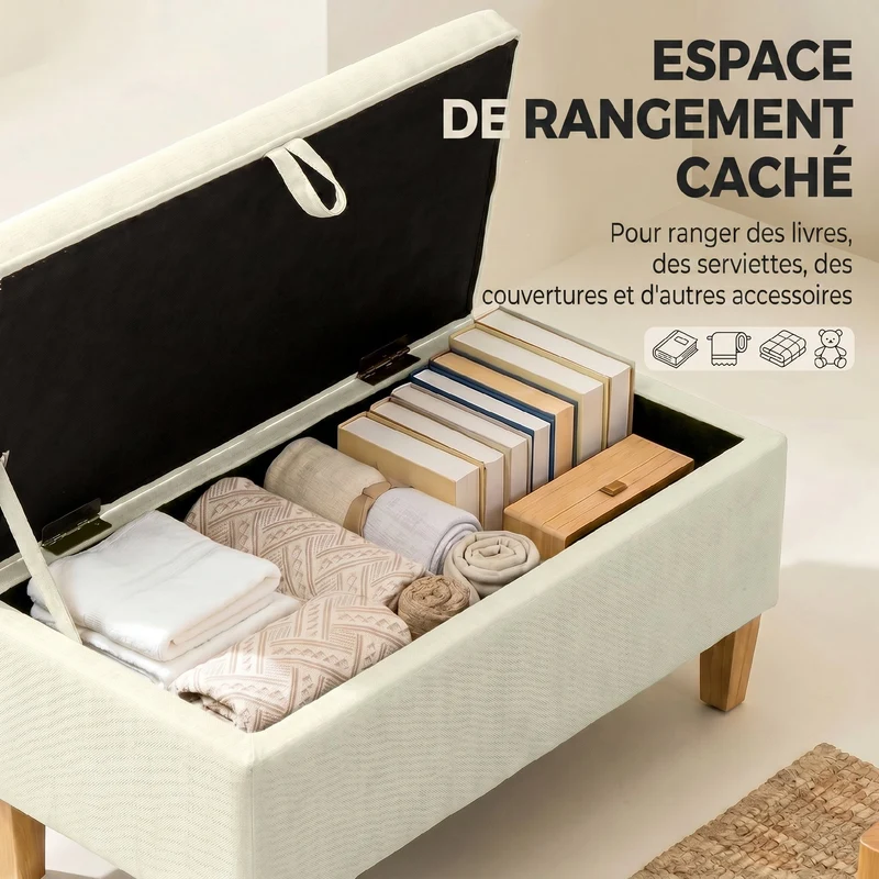 Banc de rangement bout de lit 71 x 37 x 36 cm assise rembourrée grand rangement style scandinave épuré en polyester beige 21_0002863