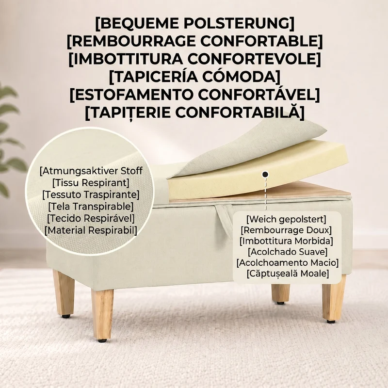 Banc de rangement bout de lit 71 x 37 x 36 cm assise rembourrée grand rangement style scandinave épuré en polyester beige 21_0002863