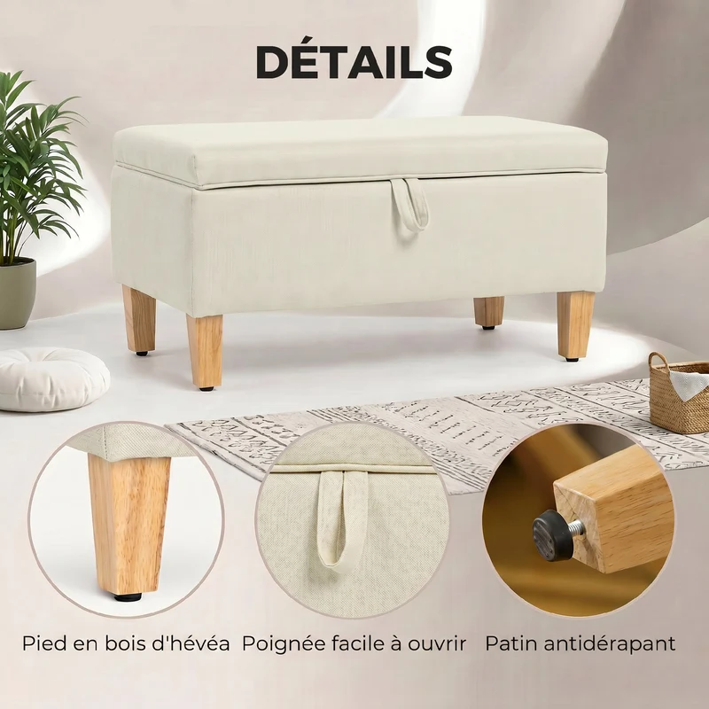 Banc de rangement bout de lit 71 x 37 x 36 cm assise rembourrée grand rangement style scandinave épuré en polyester beige 21_0002863
