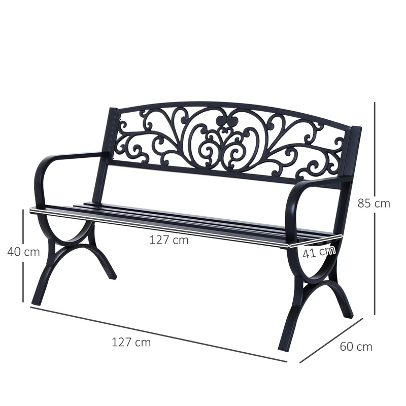 Banc de jardin terrasse extérieur 2 places 127 x 60 x 85 cm confortable accoudoirs arrondis design épuré en métal noir 21_0004554
