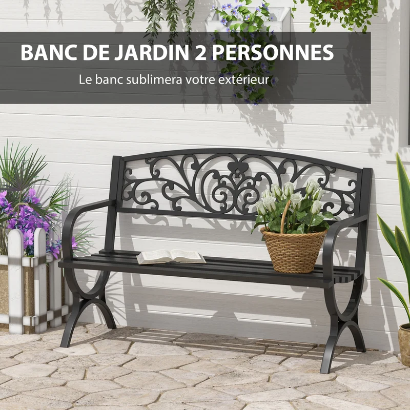 Banc de jardin terrasse extérieur 2 places 127 x 60 x 85 cm confortable accoudoirs arrondis design épuré en métal noir 21_0004554