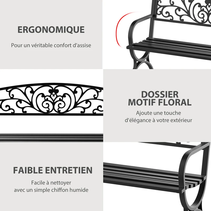 Banc de jardin terrasse extérieur 2 places 127 x 60 x 85 cm confortable accoudoirs arrondis design épuré en métal noir 21_0004554