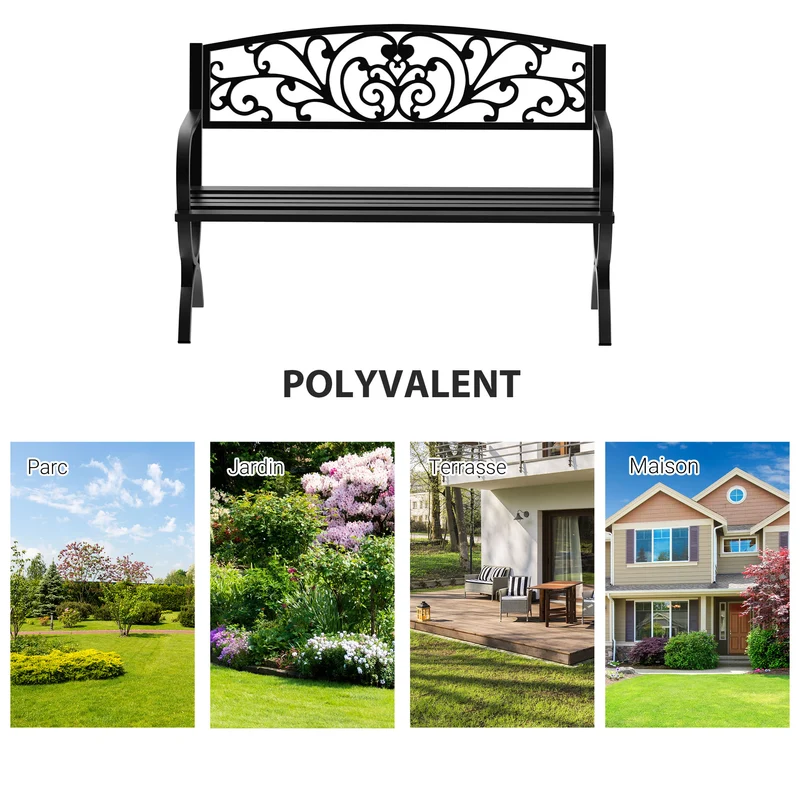 Banc de jardin terrasse extérieur 2 places 127 x 60 x 85 cm confortable accoudoirs arrondis design épuré en métal noir 21_0004554