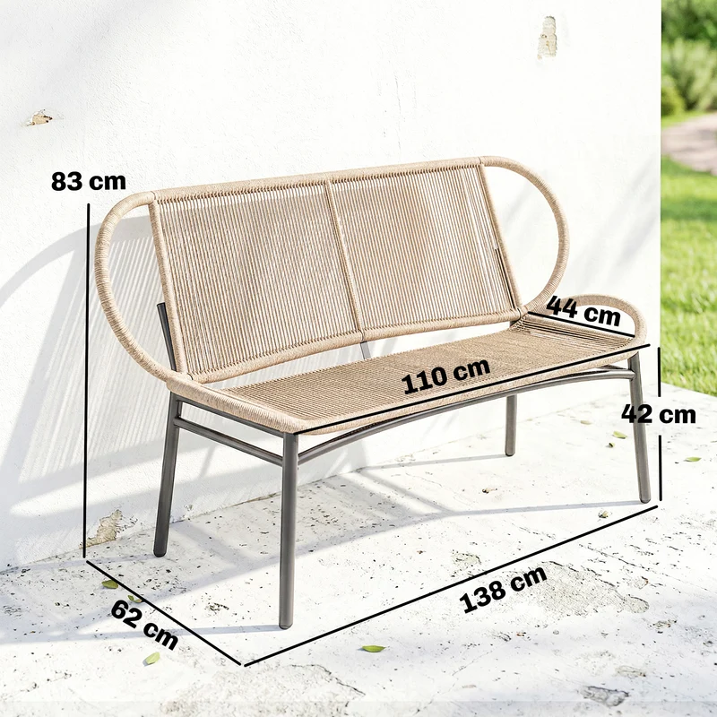 Banc de jardin 2 places 138 x 62 x 83 cm assise large dossier confortable scandinave en résine tressée bois naturel 21_0006087