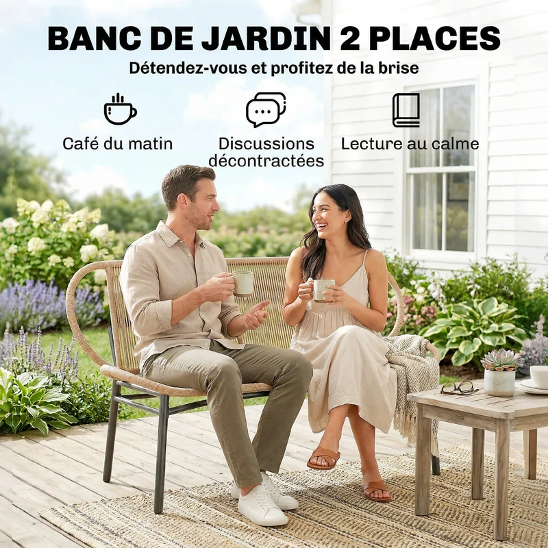 Banc de jardin 2 places 138 x 62 x 83 cm assise large dossier confortable scandinave en résine tressée bois naturel 21_0006087