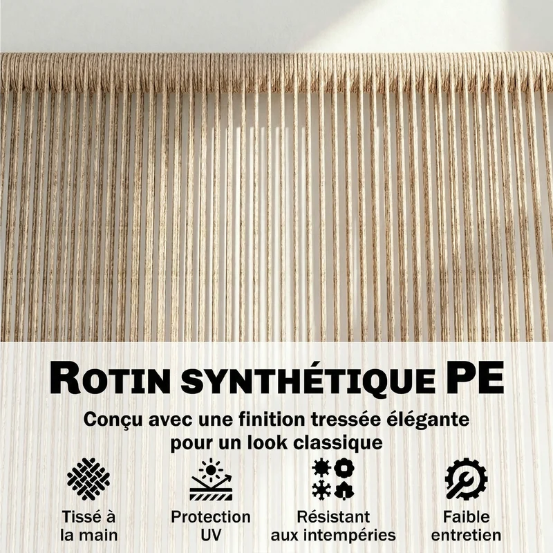 Banc de jardin 2 places 138 x 62 x 83 cm assise large dossier confortable scandinave en résine tressée bois naturel 21_0006087