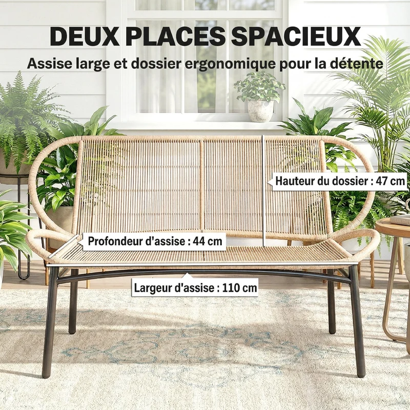 Banc de jardin 2 places 138 x 62 x 83 cm assise large dossier confortable scandinave en résine tressée bois naturel 21_0006087