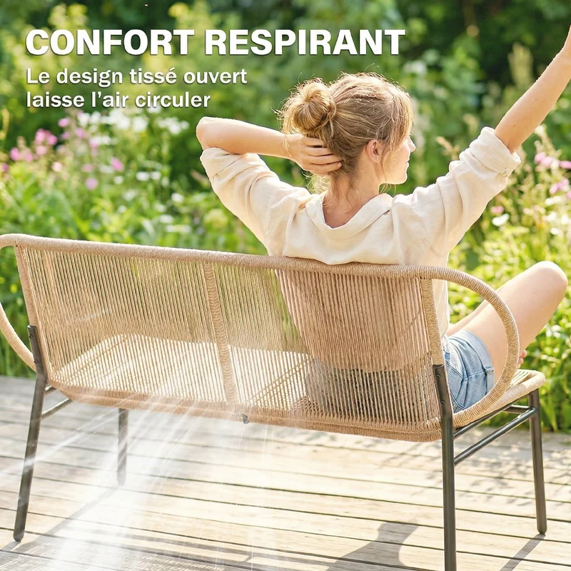 Banc de jardin 2 places 138 x 62 x 83 cm assise large dossier confortable scandinave en résine tressée bois naturel 21_0006087
