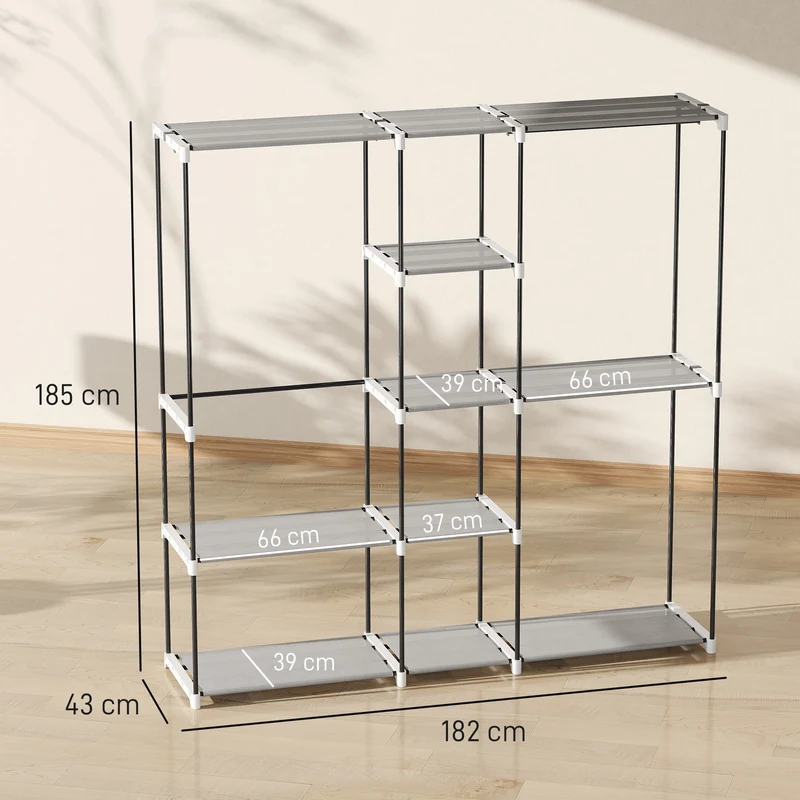 Armoire penderie 182 x 43 x 185 cm gain de place 8 étagères 3 tringles moderne chambre aéré épuré en acier gris clair 21_0005892