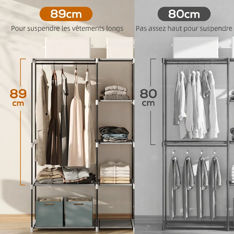 Armoire penderie 182 x 43 x 185 cm gain de place 8 étagères 3 tringles moderne chambre aéré épuré en acier gris clair 21_0005892