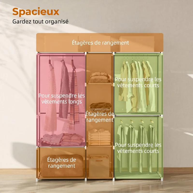 Armoire penderie 182 x 43 x 185 cm gain de place 8 étagères 3 tringles moderne chambre aéré épuré en acier gris clair 21_0005892
