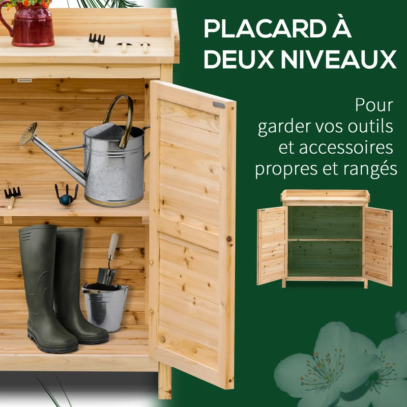 Armoire de jardin surélevée 83 x 40 x 92 cm avec étagère intérieure et double porte pratique rustique en bois naturel 21_0004680