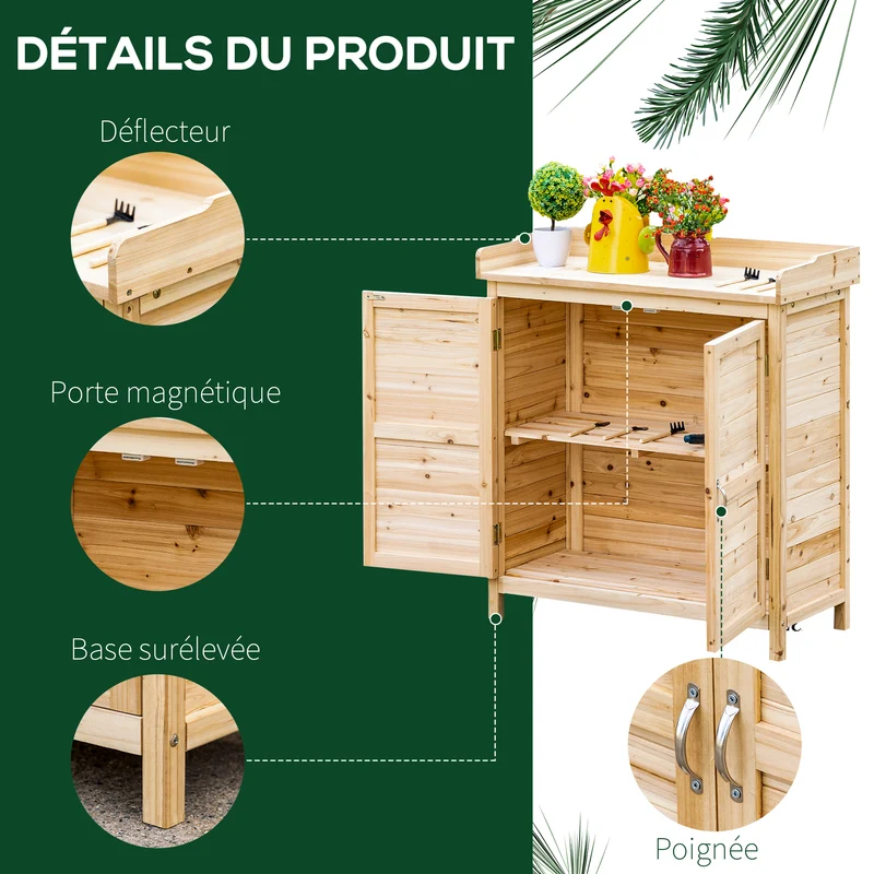 Armoire de jardin surélevée 83 x 40 x 92 cm avec étagère intérieure et double porte pratique rustique en bois naturel 21_0004680