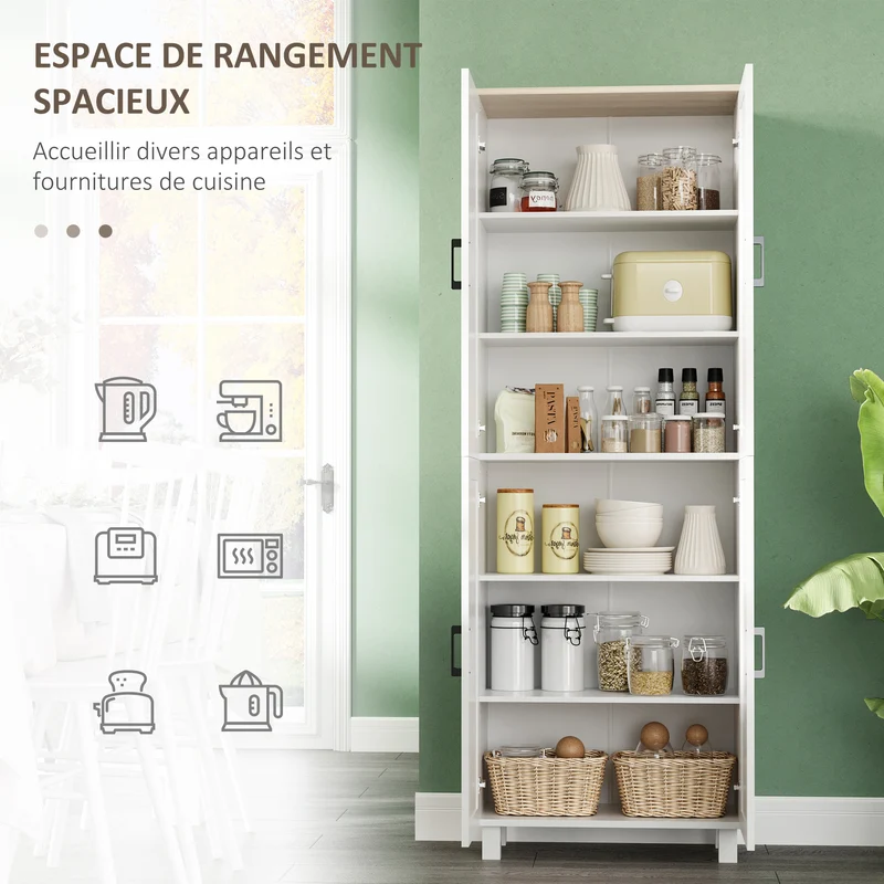 Armoire de cuisine haute 60 x 30 x 170,5 cm 6 étagères réglables anti basculement moderne en panneau de particules blanc 21_0002350