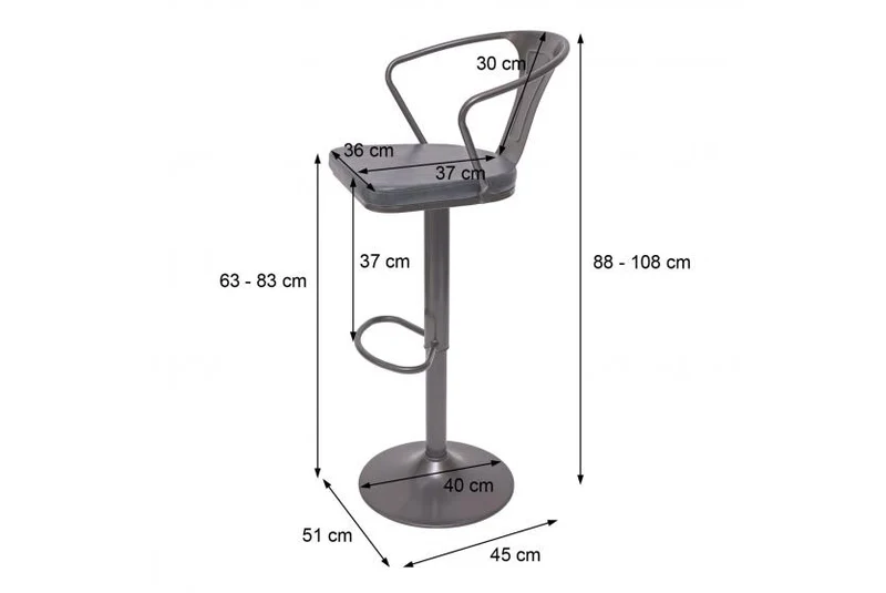 2x tabourets de bar en synthétique gris et métal noir style industrielle avec accoudoirs TDB04056