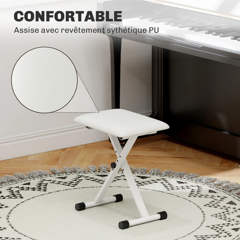 Tabouret de piano pliable pour piano 39 x 29 x 37-47 cm siège réglable assise rembourrée moderne minimaliste en PU blanc 21_0001736