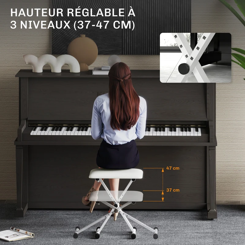 Tabouret de piano pliable pour piano 39 x 29 x 37-47 cm siège réglable assise rembourrée moderne minimaliste en PU blanc 21_0001736