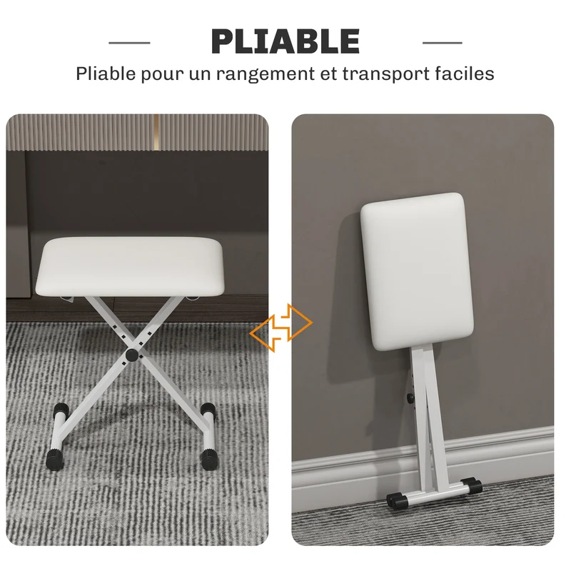 Tabouret de piano pliable pour piano 39 x 29 x 37-47 cm siège réglable assise rembourrée moderne minimaliste en PU blanc 21_0001736