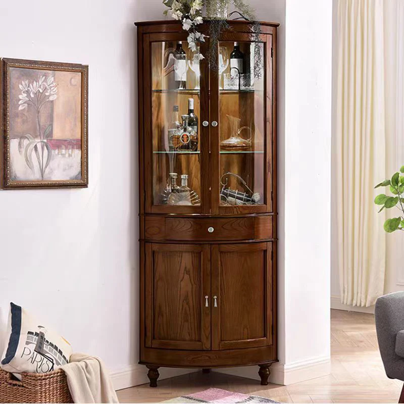 Contemporary Retro Solid Wood Glass Rectangular Corner Storage Cabinet 1-Drawer For Living Room