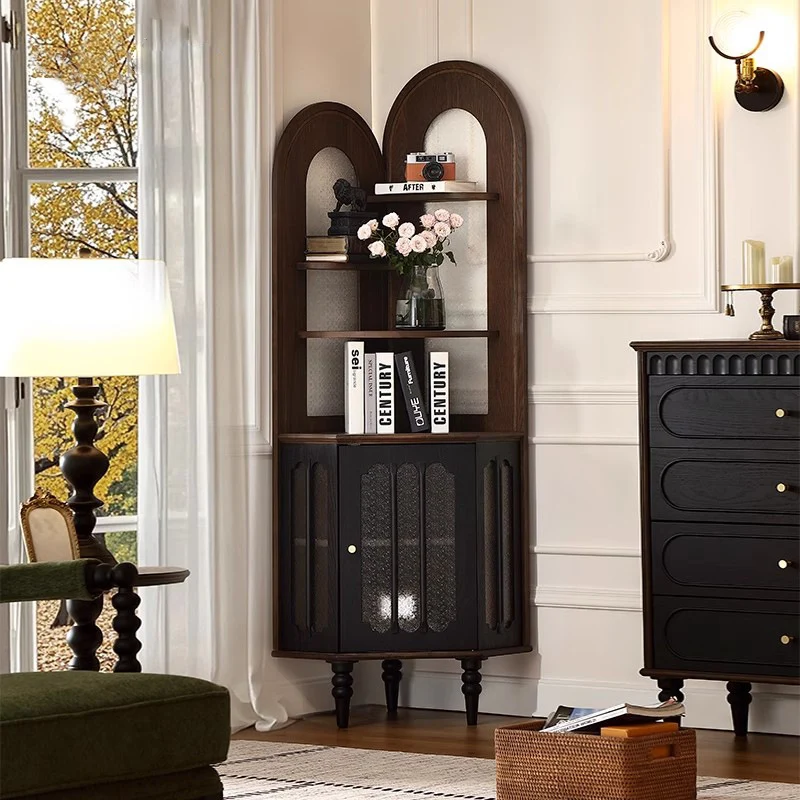 Contemporary Retro Ash Wood Solid Wood Multi-Layer Board Glass Arch Rectangular Corner Storage Cabinet 4-Tier For Living Room Bedroom