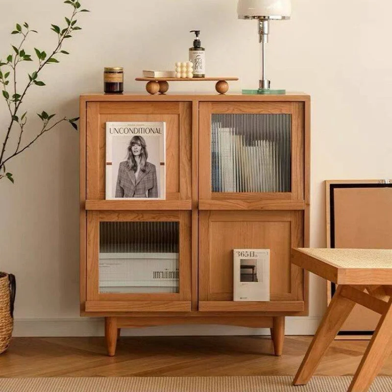 Contemporary Nordic Solid Wood Glass Rectangular Storage Cabinet 4-Cabinet For Living Room & Bedroom