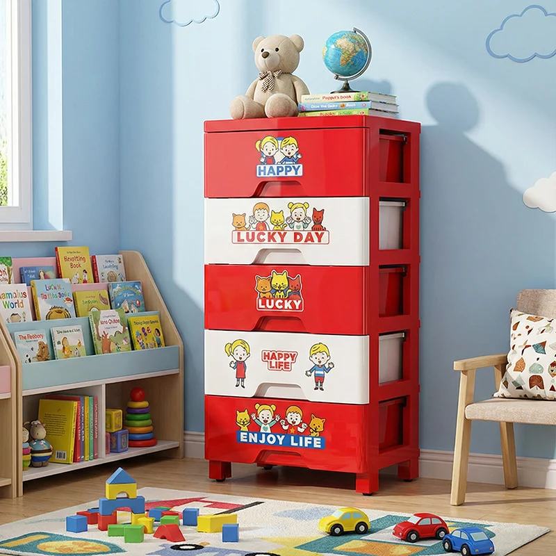 Contemporary Creative Kids PP Plastic Rectangular Movable Storage Cabinet 5-Drawer For Living Room & Bedroom