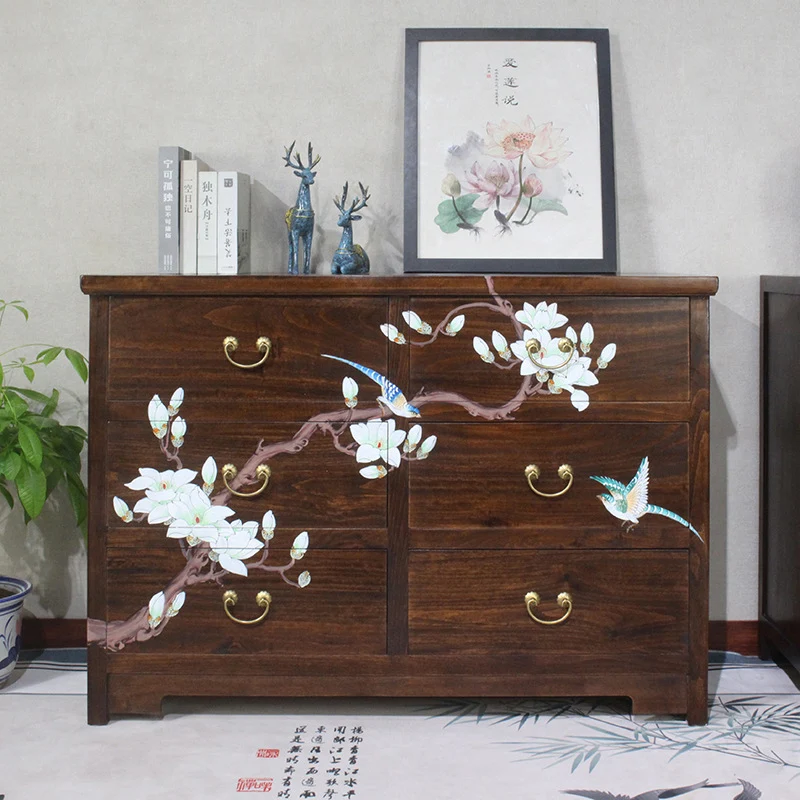 Traditional Chinese Camphorwood Rectangular Storage Cabinet With 6-Drawer For Living Room & Bedroom