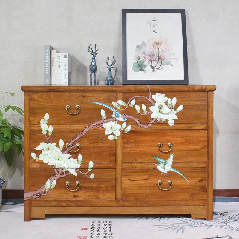Traditional Chinese Camphorwood Rectangular Storage Cabinet With 6-Drawer For Living Room & Bedroom