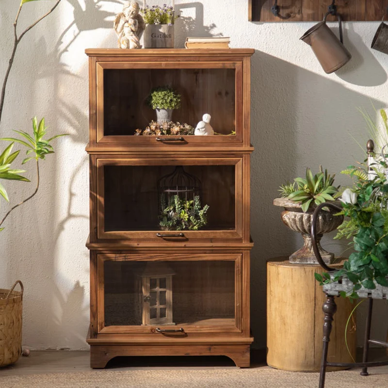 Traditional Rustic Rectangle Pine Wood Glass Storage Cabinet With 3 Cabinets For Living Room & Bedroom