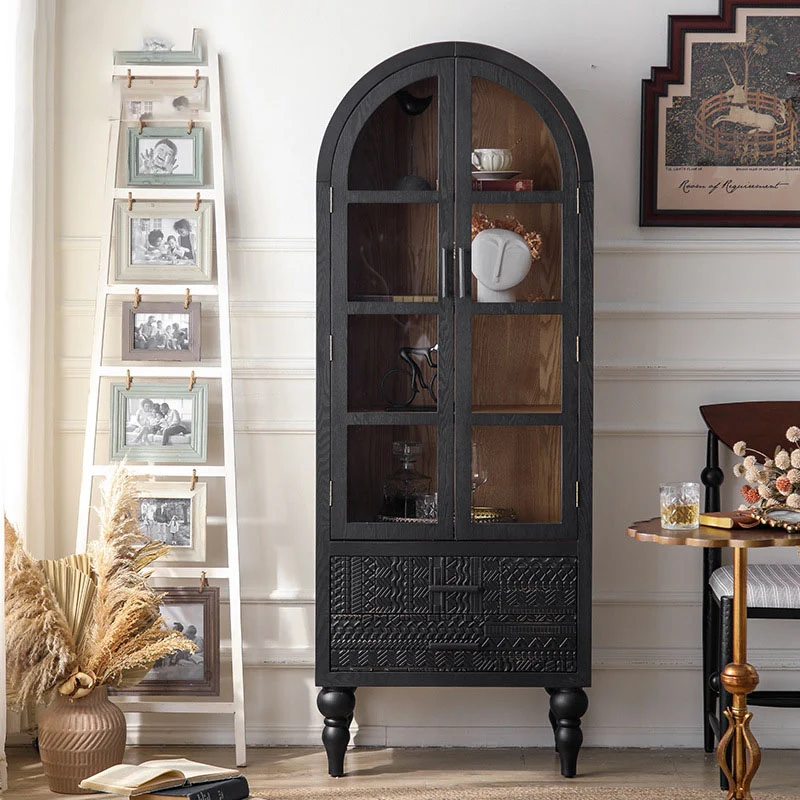Contemporary Scandinavian Arched Pine Wood MDF Glass Storage Cabinet With 2-Drawer For Bedroom & Living Room