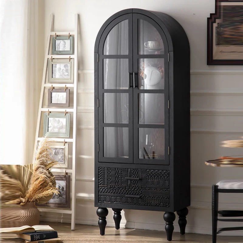 Contemporary Scandinavian Arched Pine Wood MDF Glass Storage Cabinet With 2-Drawer For Bedroom & Living Room