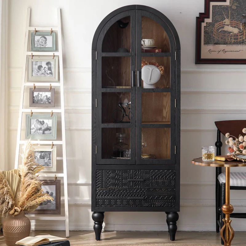 Contemporary Scandinavian Arched Pine Wood MDF Glass Storage Cabinet With 2-Drawer For Bedroom & Living Room