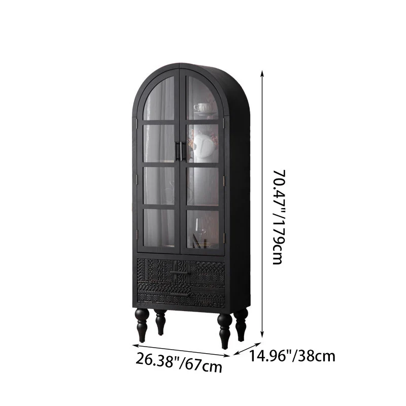 Contemporary Scandinavian Arched Pine Wood MDF Glass Storage Cabinet With 2-Drawer For Bedroom & Living Room