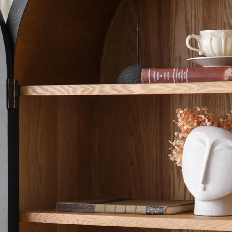 Contemporary Scandinavian Arched Pine Wood MDF Glass Storage Cabinet With 2-Drawer For Bedroom & Living Room