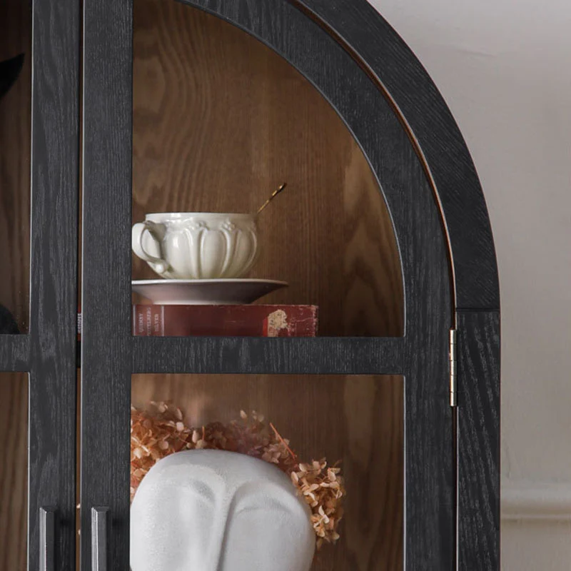Contemporary Scandinavian Arched Pine Wood MDF Glass Storage Cabinet With 2-Drawer For Bedroom & Living Room