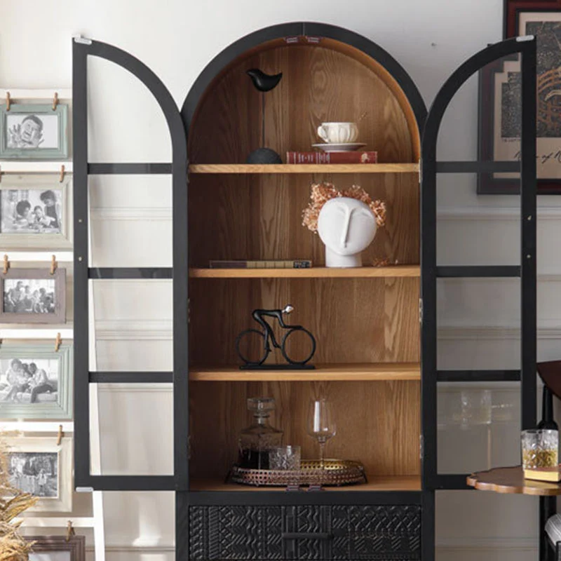 Contemporary Scandinavian Arched Pine Wood MDF Glass Storage Cabinet With 2-Drawer For Bedroom & Living Room
