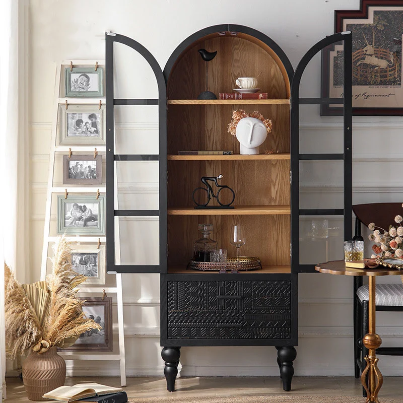 Contemporary Scandinavian Arched Pine Wood MDF Glass Storage Cabinet With 2-Drawer For Bedroom & Living Room