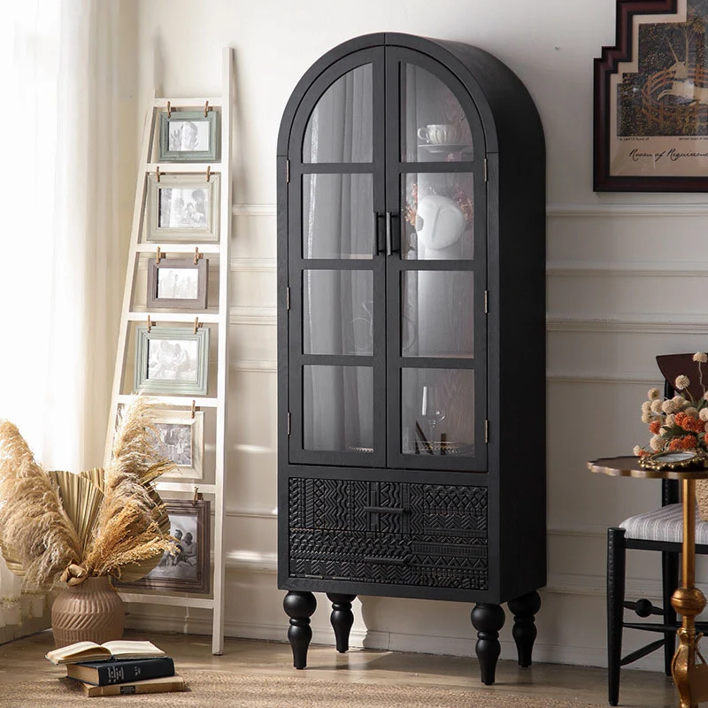 Contemporary Scandinavian Arched Pine Wood MDF Glass Storage Cabinet With 2-Drawer For Bedroom & Living Room