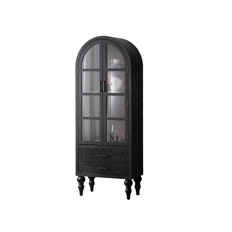 Contemporary Scandinavian Arched Pine Wood MDF Glass Storage Cabinet With 2-Drawer For Bedroom & Living Room
