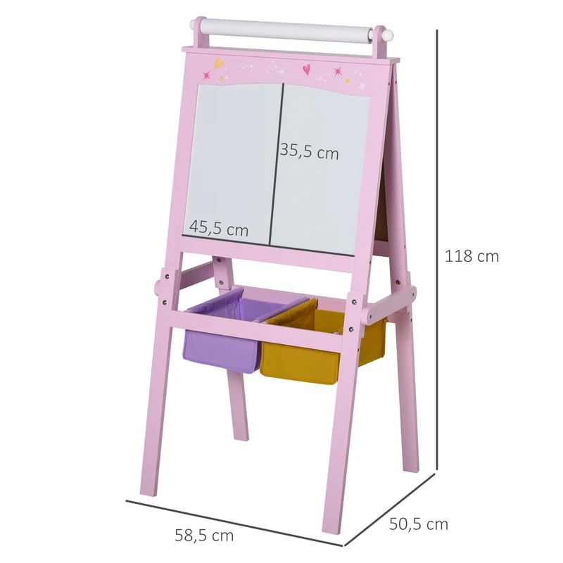 Tableau chevalet enfant 58,5 x 50,5 x 118 cm 3 en 1 2 paniers rangement design scandinave ambiance cosy en MDF rose 21_0000700
