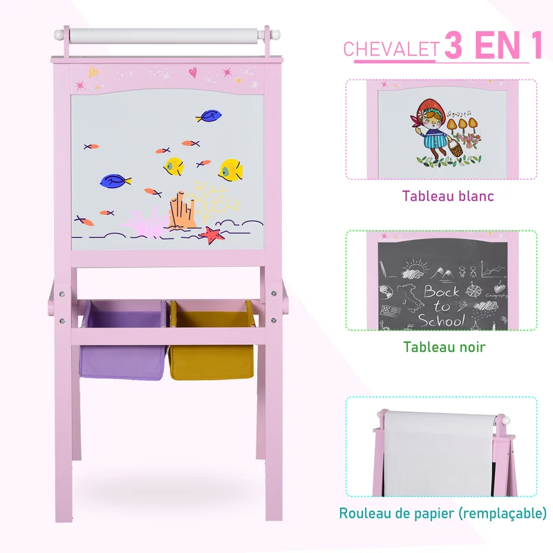 Tableau chevalet enfant 58,5 x 50,5 x 118 cm 3 en 1 2 paniers rangement design scandinave ambiance cosy en MDF rose 21_0000700