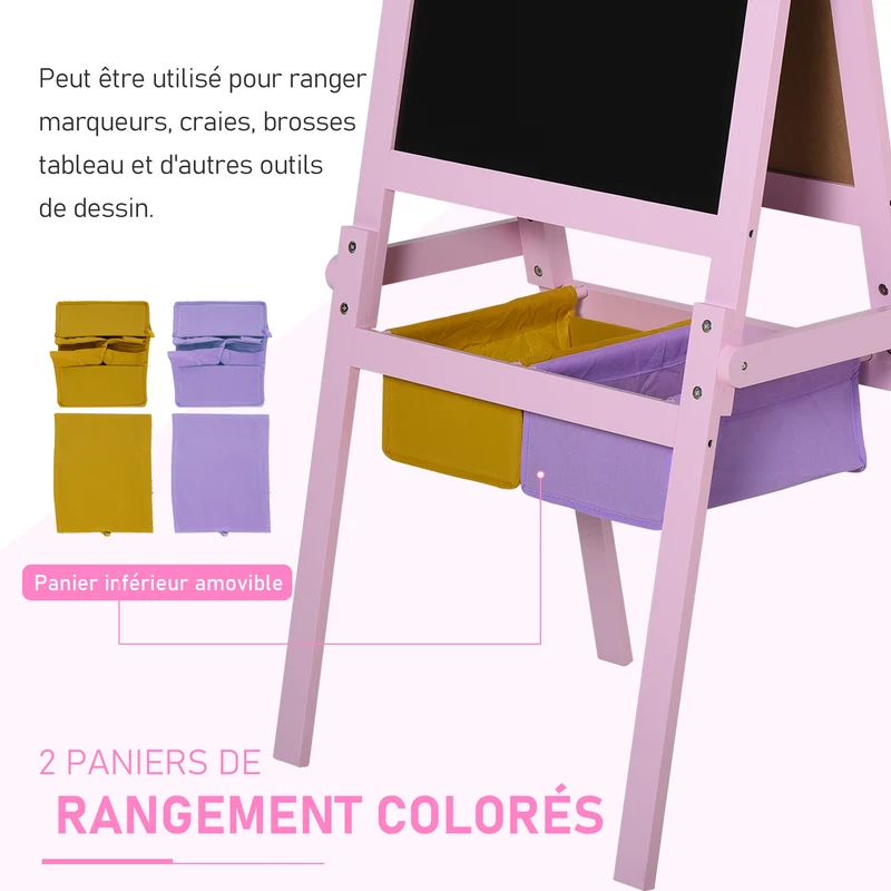 Tableau chevalet enfant 58,5 x 50,5 x 118 cm 3 en 1 2 paniers rangement design scandinave ambiance cosy en MDF rose 21_0000700