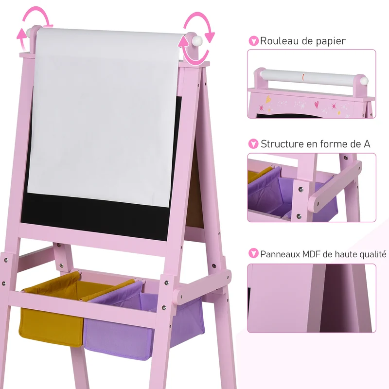 Tableau chevalet enfant 58,5 x 50,5 x 118 cm 3 en 1 2 paniers rangement design scandinave ambiance cosy en MDF rose 21_0000700