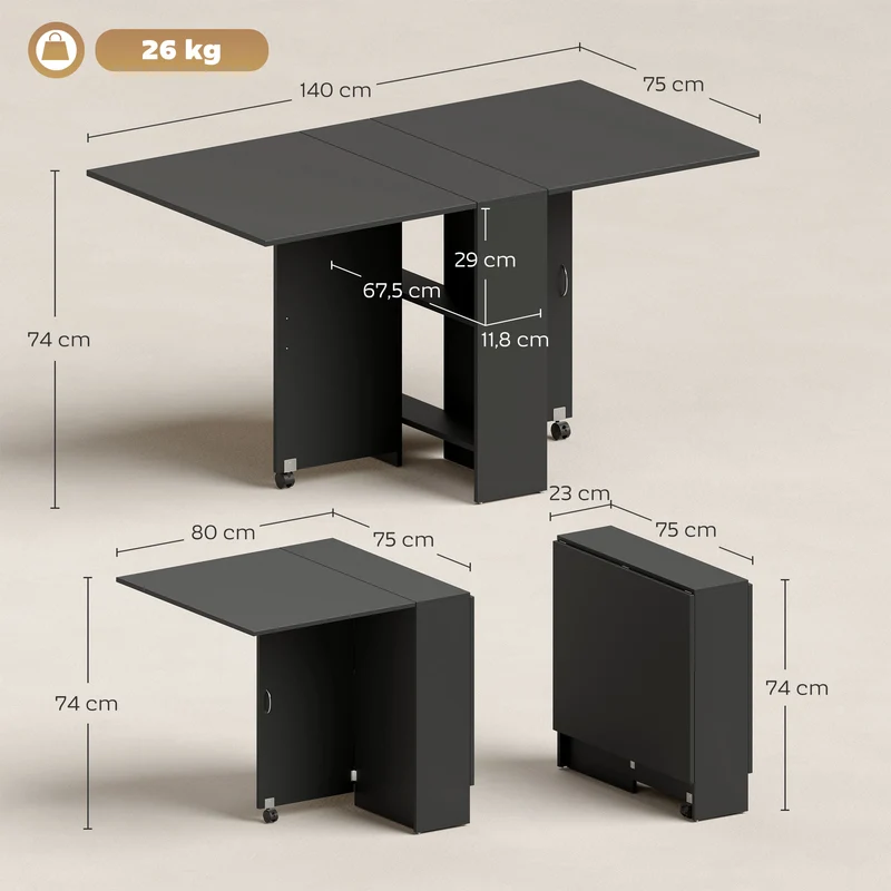Table pliante pratique cuisine 75 x 140 x 74 cm gain de place 2 étagères moderne élégant en panneau de particules noir 21_0002271