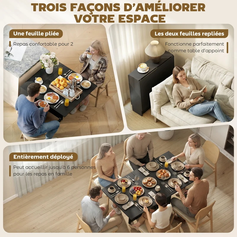 Table pliante pratique cuisine 75 x 140 x 74 cm gain de place 2 étagères moderne élégant en panneau de particules noir 21_0002271