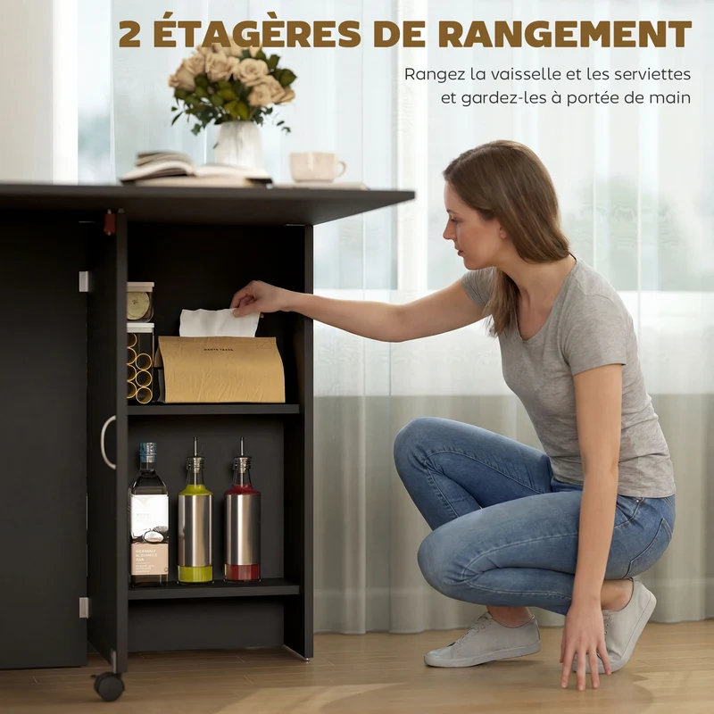 Table pliante pratique cuisine 75 x 140 x 74 cm gain de place 2 étagères moderne élégant en panneau de particules noir 21_0002271