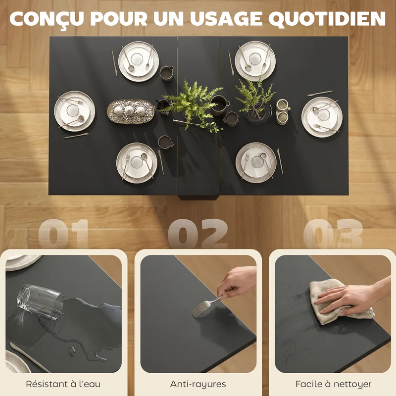 Table pliante pratique cuisine 75 x 140 x 74 cm gain de place 2 étagères moderne élégant en panneau de particules noir 21_0002271