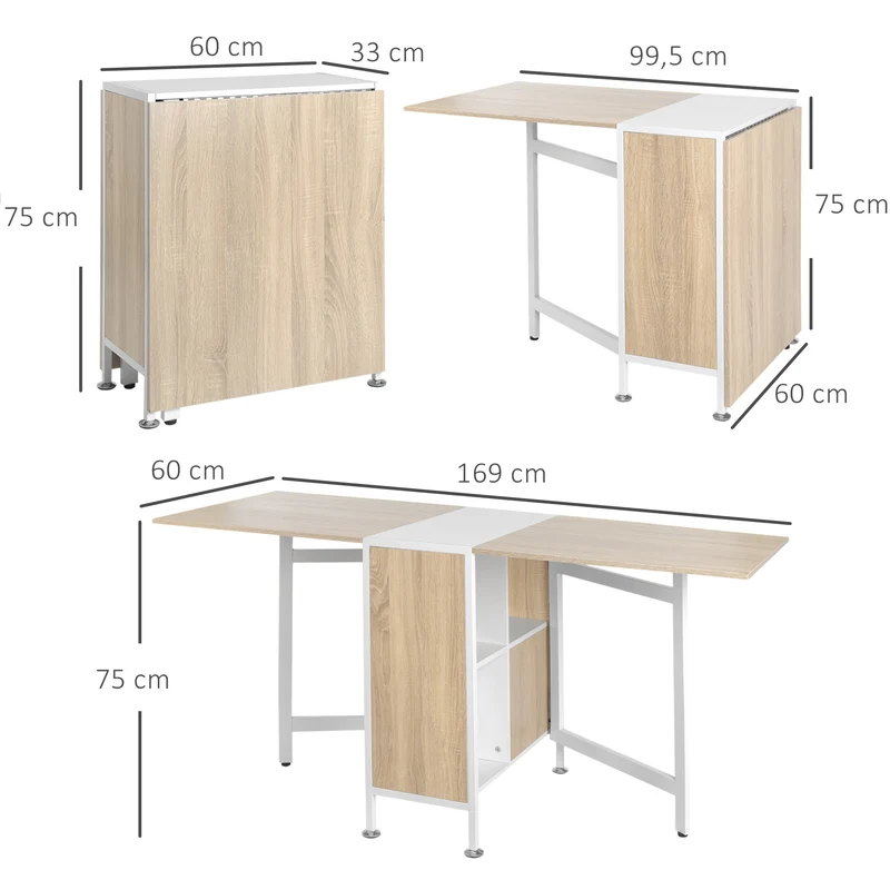Table pliante pour 4 personnes 169 x 62 x 75 cm gain de place rangements intégrés contemporain épuré en MDF chêne clair 21_0001721