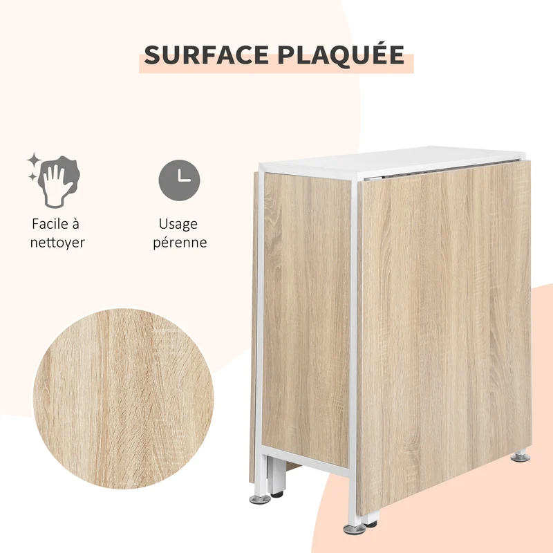 Table pliante pour 4 personnes 169 x 62 x 75 cm gain de place rangements intégrés contemporain épuré en MDF chêne clair 21_0001721